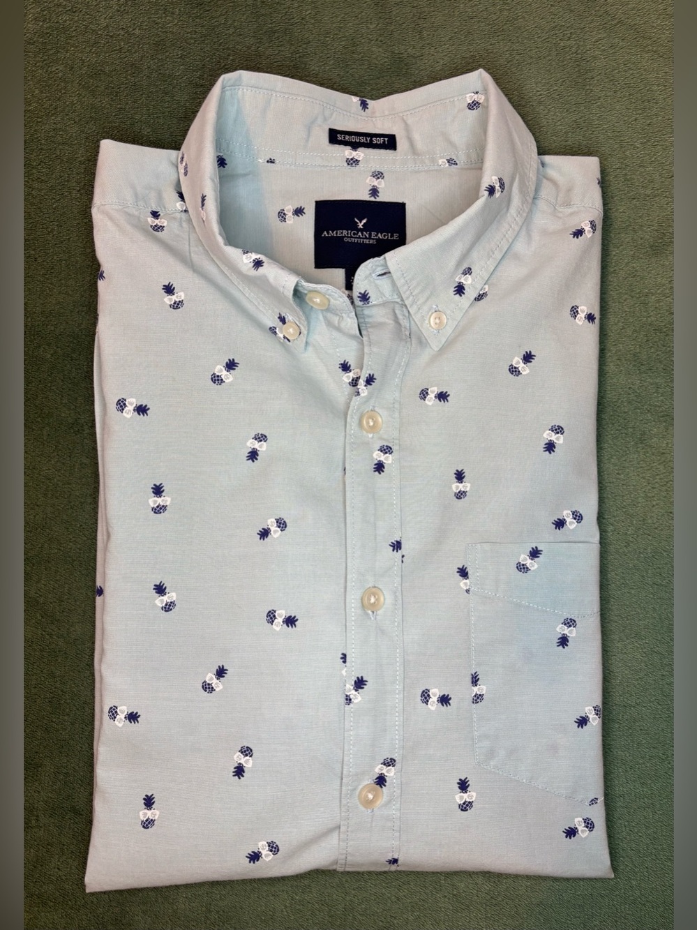 American Eagle Soft Pineapple-Print Button Down Shirt - Men, Size: L. (6388)